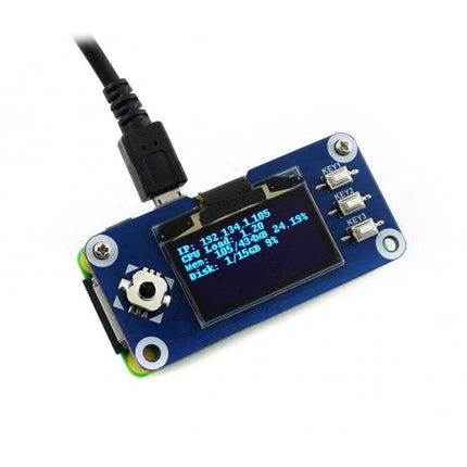 Waveshare 1.3 Inch OLED Display HAT for Raspberry Pi Projects blue monochrome HAT showing system stats and USB power