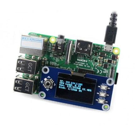 Waveshare 1.3 Inch OLED Display HAT for Raspberry Pi Projects showing blue monochrome screen attached to Raspberry Pi with status info