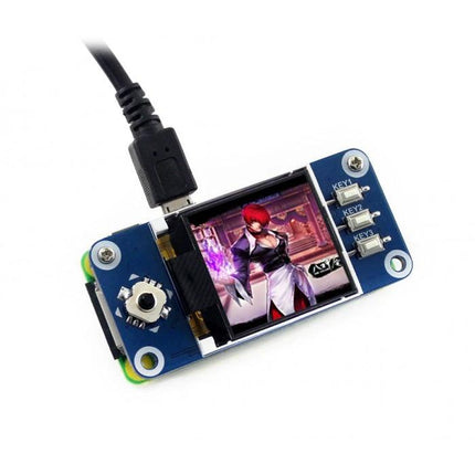 Waveshare 1.44 Inch LCD HAT for Raspberry Pi Displays showing compact touchscreen HAT mounted with USB cable and demo image