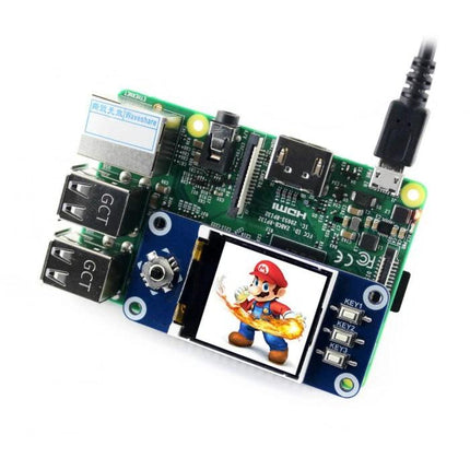 Waveshare 1.44 Inch LCD HAT for Raspberry Pi Displays showing small touchscreen attached to Raspberry Pi for IoT and prototyping projects
