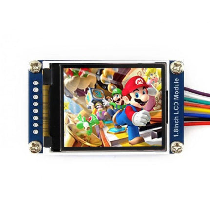 Waveshare 1.8-Inch LCD Display Module for DIY Electronics compact SPI LCD showing colorful Mario image with header pins and ribbon wires