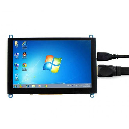 Waveshare 5 Inch HDMI Touch Screen Display for Raspberry Pi showing Windows desktop with HDMI cables connected