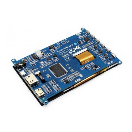 Waveshare 5 Inch HDMI Touch Screen Display for Raspberry Pi showing HDMI ports and circuit board on white background