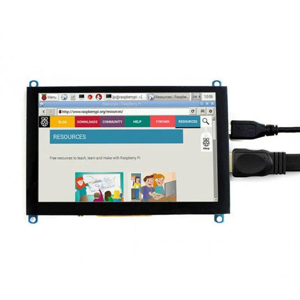 Waveshare 5 Inch HDMI Touch Screen Display for Raspberry Pi showing Raspberry Pi resources webpage with HDMI and power cables attached