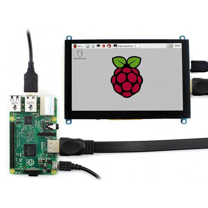 Waveshare 5 Inch HDMI Touch Screen Display for Raspberry Pi showing Raspberry Pi connected with HDMI and USB cables