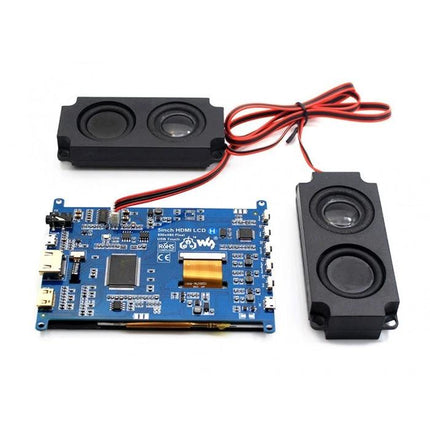 Waveshare 5 Inch HDMI Touch Screen Display for Raspberry Pi showing blue controller board and stereo speakers, 800x480 touch LCD accessory