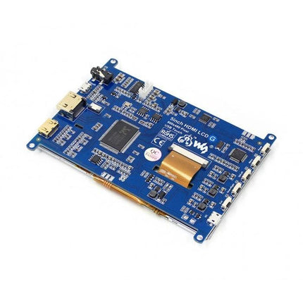 Waveshare 5-Inch Touch Screen Display for Raspberry Pi Projects showing blue PCB controller board with HDMI and connectors