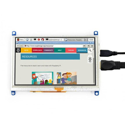 Waveshare 5-Inch Touch Screen Display for Raspberry Pi Projects showing a responsive 800x480 touchscreen connected to HDMI and USB
