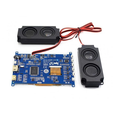 Waveshare 5-Inch Touch Screen Display for Raspberry Pi Projects showing blue controller board and paired speakers for DIY touchscreen setups