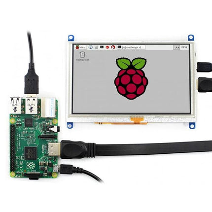 Waveshare 5-Inch Touch Screen Display for Raspberry Pi Projects showing a Raspberry Pi connected with touchscreen displaying Raspberry logo