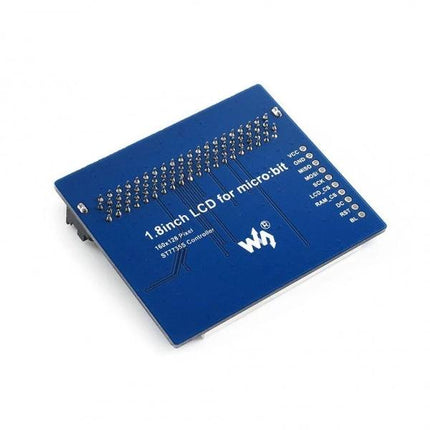 Waveshare 1.8 Inch Colorful LCD Display Module for Micro:Bit mounted board showing 1.8inch LCD connector pins and labels for Micro:Bit integration