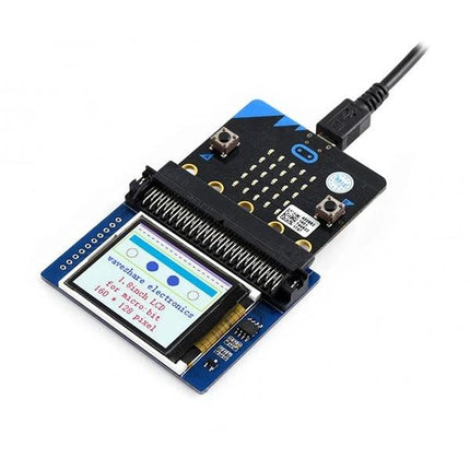 Waveshare 1.8 Inch Colorful LCD Display Module for Micro:Bit showing colorful text and graphics connected to a Micro:Bit via edge connector