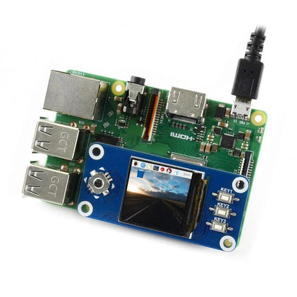 Waveshare 1.3-Inch LCD Display HAT for Raspberry Pi Projects compact high-definition display mounted on Raspberry Pi for portable UI prototypes