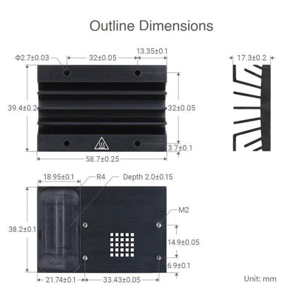 Aluminum Heatsink for Jetson Nano Effective Cooling Solution - black anodized aluminum heatsink with dimensions and fin profile diagram