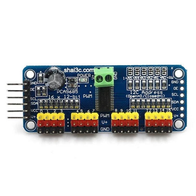16-Channel PWM Servo Controller for Arduino DIY Projects - blue PCA9685 I2C board showing 16-channel headers and power terminal