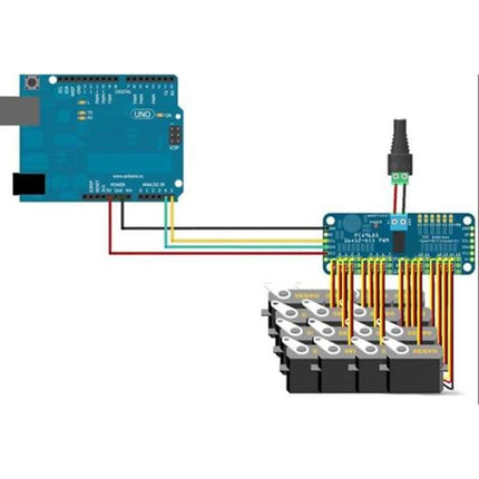 16-Channel PWM Servo Controller for Arduino DIY Projects connected to Arduino Uno controlling 16 micro servos via I2C for robotic arm prototypes