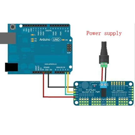 16-Channel PWM Servo Controller for Arduino DIY Projects showing Arduino Uno wired to PCA9685 module with external power supply for multiple servos