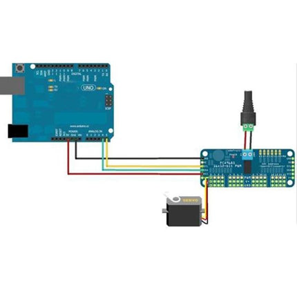 Wiring diagram showing Arduino connected via I2C to a 16-Channel PWM Servo Controller for Arduino DIY Projects controlling a servo