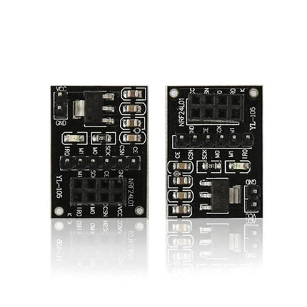 Wireless Module Socket Adapter Board for Microcontroller Projects black PCB showing dual NRF24L01+ sockets and voltage components