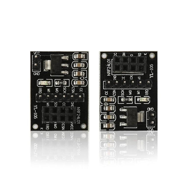 Wireless Module Socket Adapter Board for Microcontroller Projects black PCB showing dual NRF24L01+ sockets and voltage components