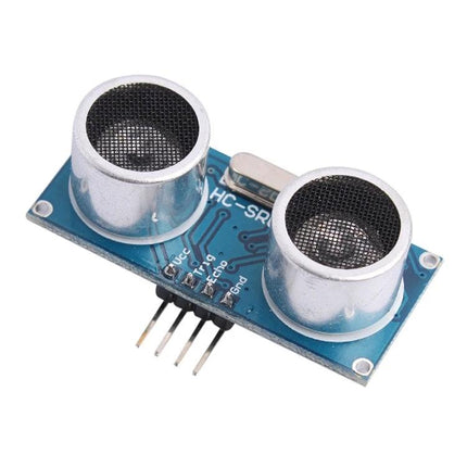 Ultrasonic Distance Sensor for Arduino Microcontroller Projects HC-SR04 module on white background, four-pin ultrasonic range sensor for robotics