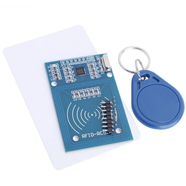 RFID-RC522 DIY RFID Card Reader Module for Key Fob Security with blue key fob and white card on PCB module