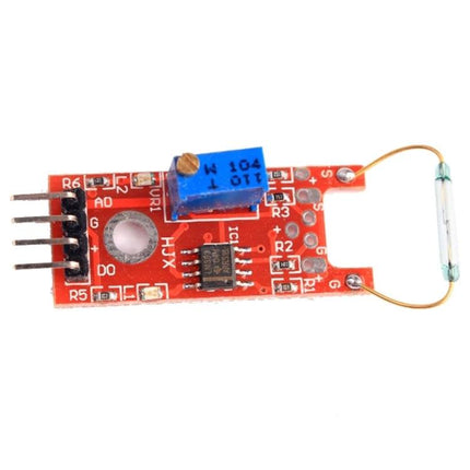 Versatile Reed Sensor Board for Home Security and Monitoring - red PCB door/window magnetic sensor with adjustable potentiometer and connector pins