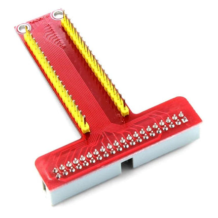 T Shape GPIO Expansion Board for Raspberry Pi B+ Use - red T-shaped GPIO breakout with dual yellow pin headers for prototyping and smart home projects