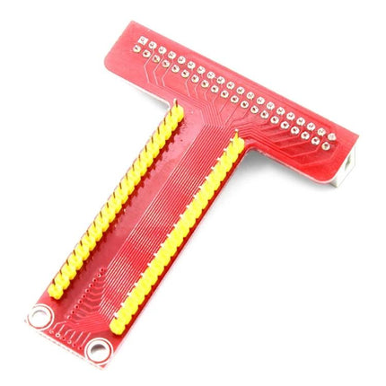 T Shape GPIO Expansion Board for Raspberry Pi B+ Use red T-shaped GPIO breakout with dual yellow pin headers for prototyping and smart home projects