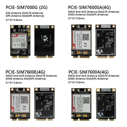TTGO ESP32 Development Board with WiFi and Bluetooth Connectivity showing multiple PCIE-SIM7000/7600 module variants for IoT projects