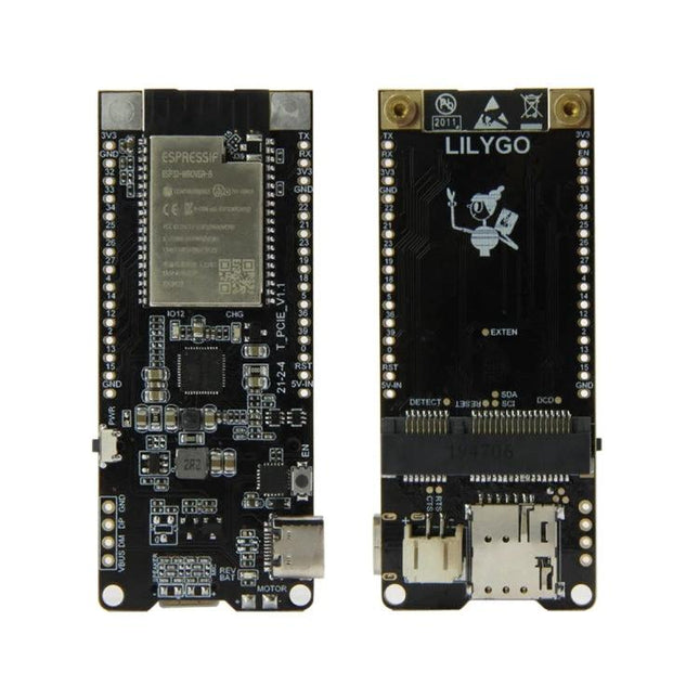 TTGO Compact Development Board for Everyday Electronics Prototyping showing front and back ESP32-WROVER-B Lilygo PCB with USB and microSD connectors
