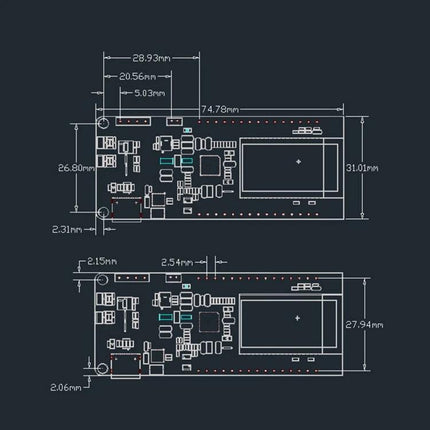 TTGO Compact Development Board for Everyday Electronics Prototyping schematic blueprint showing ESP32-WROVER-B layout and dimensions