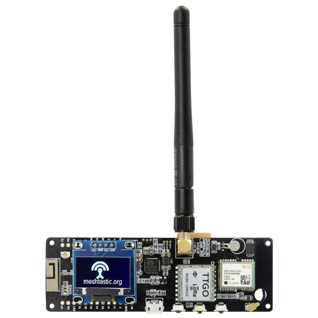 Alt Tag: TTGO Meshtastic T-Beam for Wireless Outdoor Communication compact LoRa board with antenna and OLED for hiking and emergency mesh