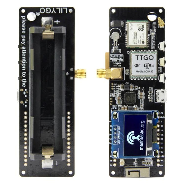 TTGO Meshtastic T-Beam for Wireless Outdoor Communication - front and back view showing LoRa module, OLED, ESP32 board and battery holder
