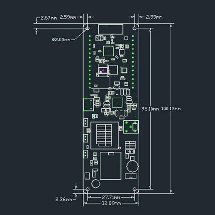 TTGO Meshtastic T-Beam for Wireless Outdoor Communication PCB layout drawing with dimensions and component placement