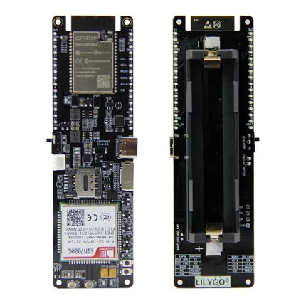 TTGO T-SIM7000G Development Board for Wireless Projects showing front ESP32 and SIM7000G module with battery holder