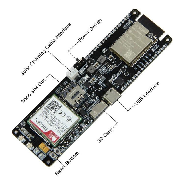 TTGO T-SIM7000G Development Board for Wireless Projects labeled ESP32 SIM7000G with USB, SD card, nano SIM slot and solar charging interface