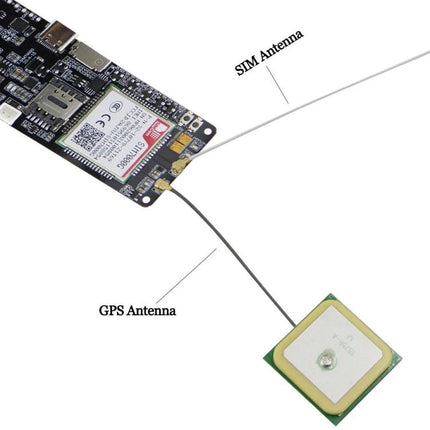 TTGO T-SIM7000G Development Board for Wireless Projects showing ESP32, SIM7000G module with GPS antenna and SIM antenna connections