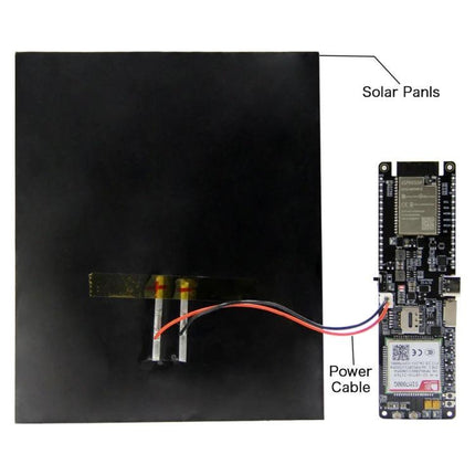 TTGO T-SIM7000G Development Board for Wireless Projects connected to solar panel with power cable for outdoor IoT monitoring