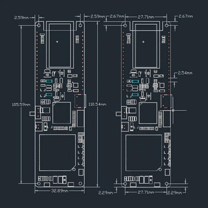 TTGO T-SIM7000G Development Board for Wireless Projects schematic drawing with dimensions and component layout