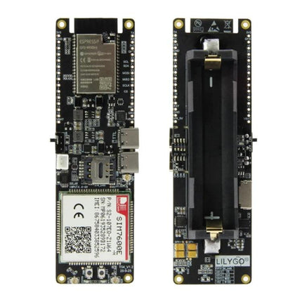 TTGO ESP32 Development Board for IoT Projects with WiFi and Bluetooth showing front and back PCB with battery holder
