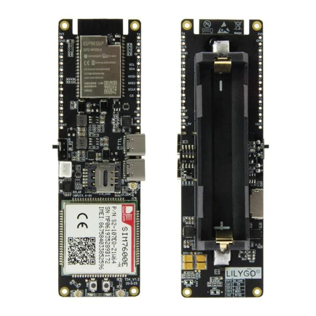 TTGO ESP32 Development Board for IoT Projects with WiFi and Bluetooth showing front and back PCB with battery holder