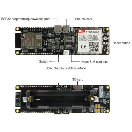 TTGO ESP32 Development Board for IoT Projects with WiFi and Bluetooth showing labeled ports, USB, SIM slot, SD card and solar charging interface