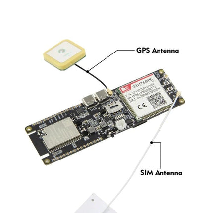 TTGO ESP32 Development Board for IoT Projects with WiFi and Bluetooth showing GPS and SIM antenna connections