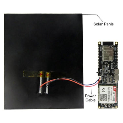 TTGO ESP32 Development Board for IoT Projects with WiFi and Bluetooth connected to solar panel and power cable for remote sensor power