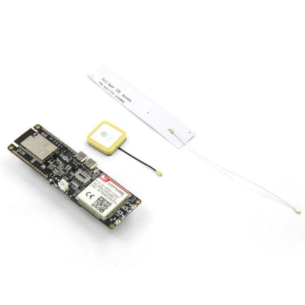 TTGO ESP32 Development Board for IoT Projects with WiFi and Bluetooth shown with GPS puck and antenna accessories