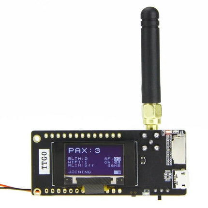 TTGO LORA32 Module for Wireless IoT Device Connectivity and Projects shown with antenna and OLED display, 433MHz LoRa long-range wireless module