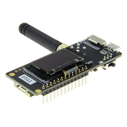 TTGO LORA32 Module for Wireless IoT Device Connectivity and Projects showing 433MHz board with antenna, OLED display and pin headers