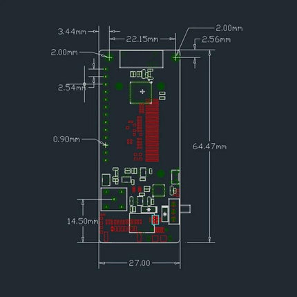 TTGO LORA32 Module for Wireless IoT Device Connectivity and Projects PCB layout schematic with dimensions and component placement