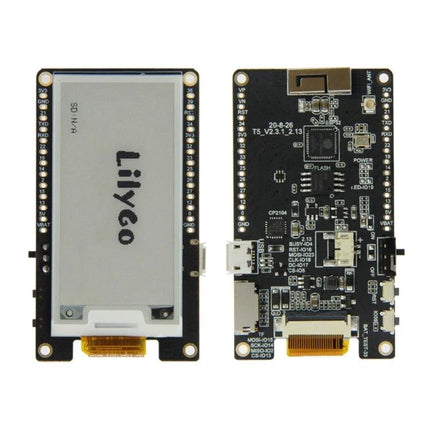 TTGO T5 E-Ink Screen Development Board for Shelf Labels front and back view showing black white e-ink display and circuit board